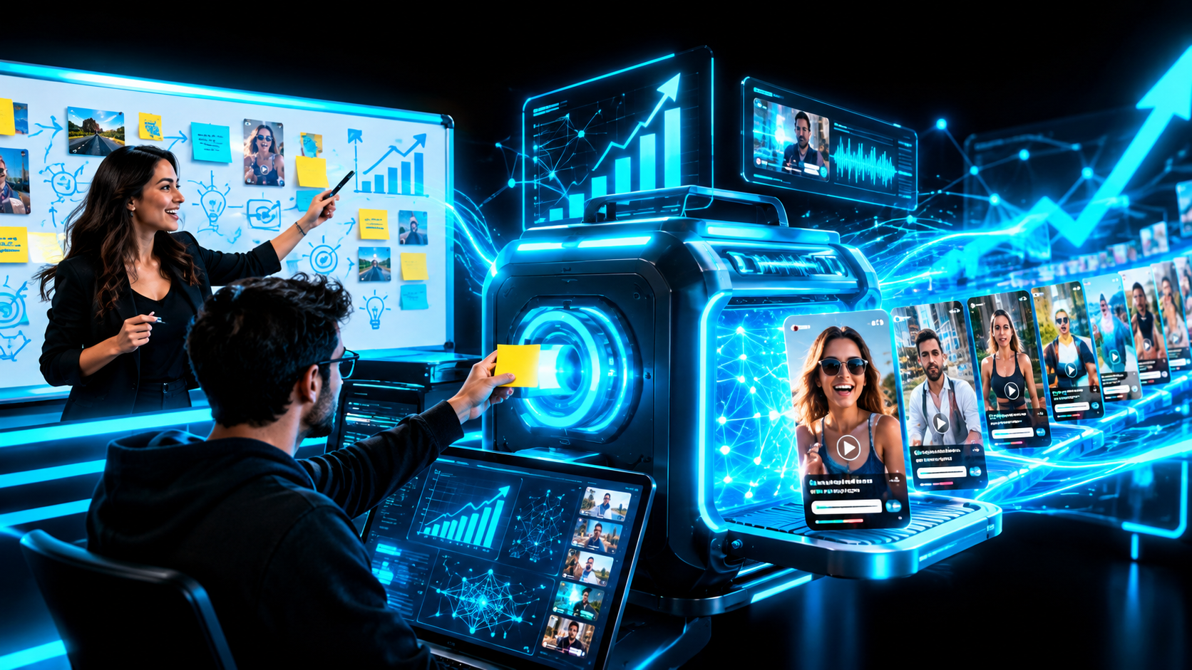 A marketing executive pointing at a whiteboard of winning ad angles handing a note to an engineer, who feeds it into a glowing machine outputting a stream of finished video ads with faces, captions and subtitles