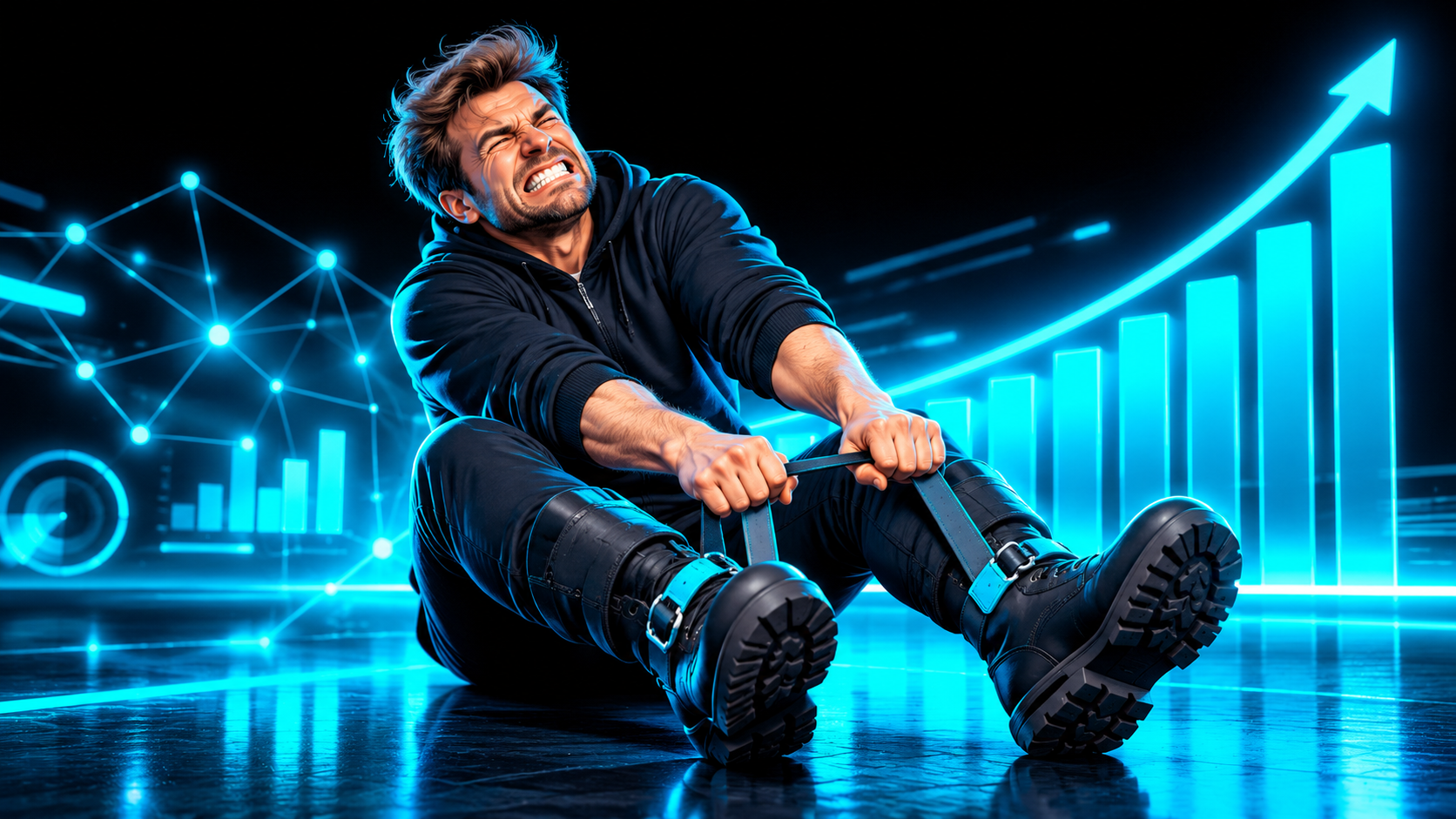 A figure sitting on the ground straining to pull up on his own boot straps with both hands, feet still planted, going nowhere