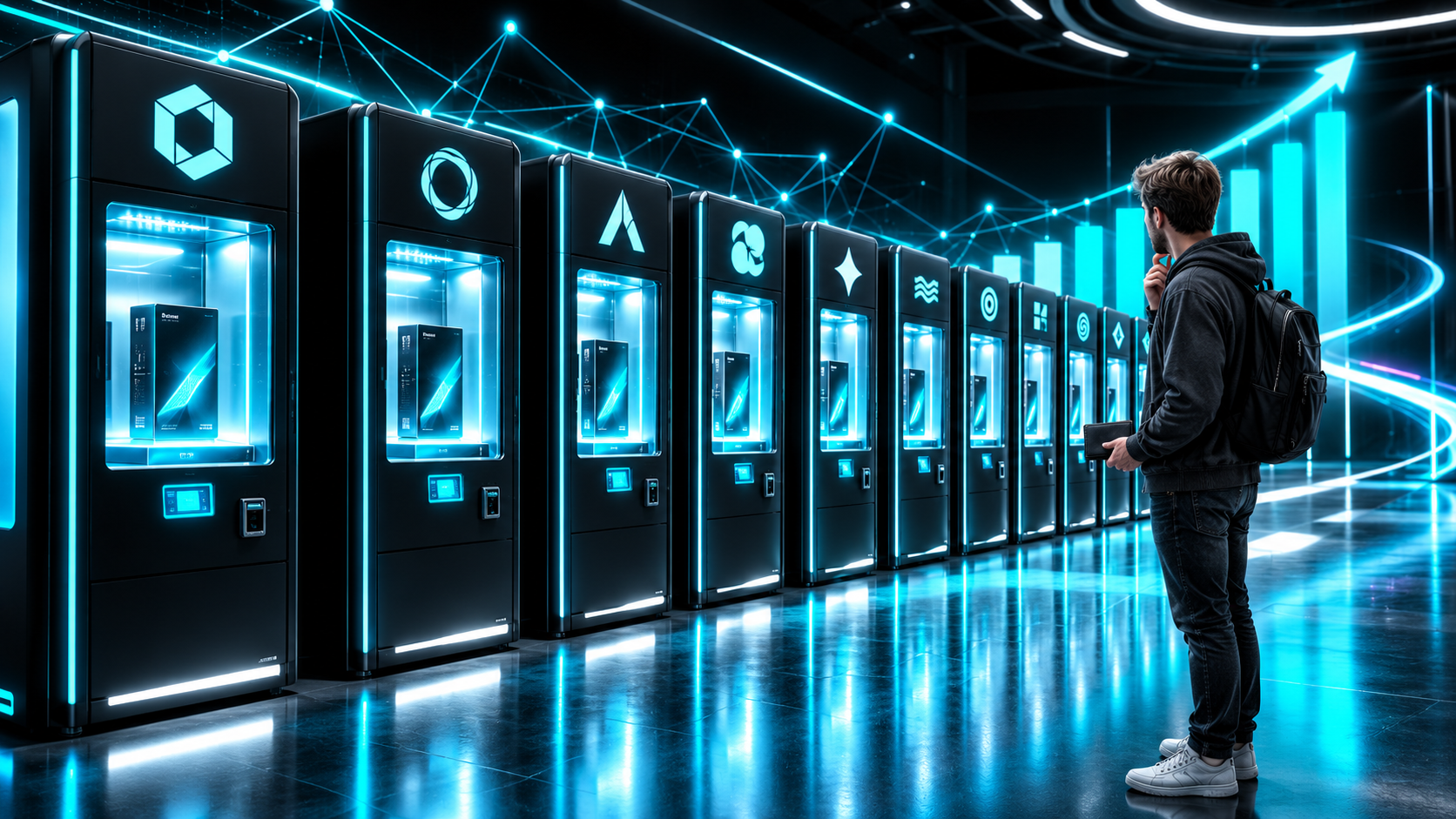 A row of identical vending machines each holding the same product but wearing a different company logo