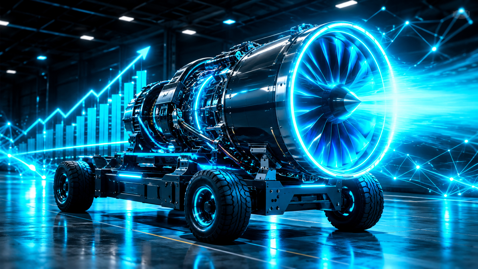 A massive glowing jet engine mounted on a chassis with no steering wheel and no driver's seat, running at full throttle in an empty warehouse pointed at nothing