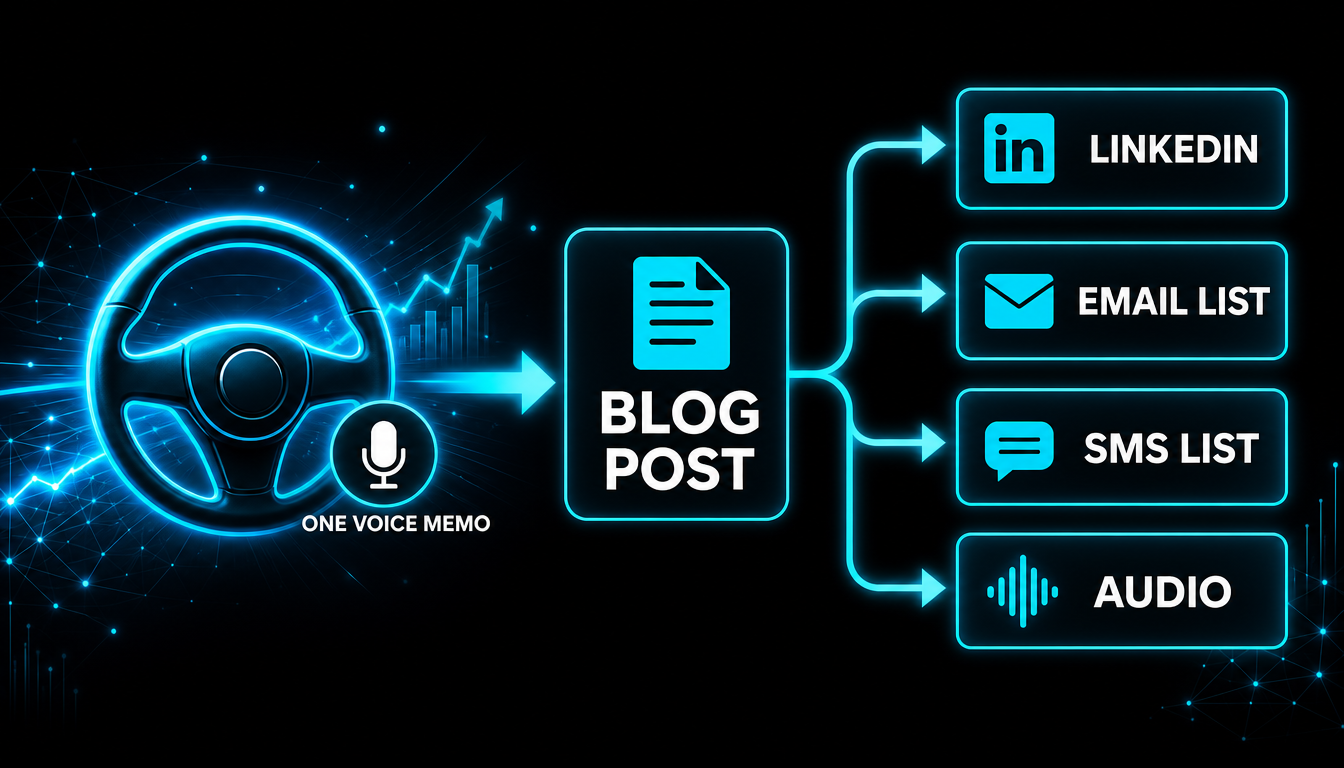 Flow diagram: a steering wheel with a microphone labeled one voice memo flows into a blog post, which branches to LinkedIn, email list, SMS list, and audio