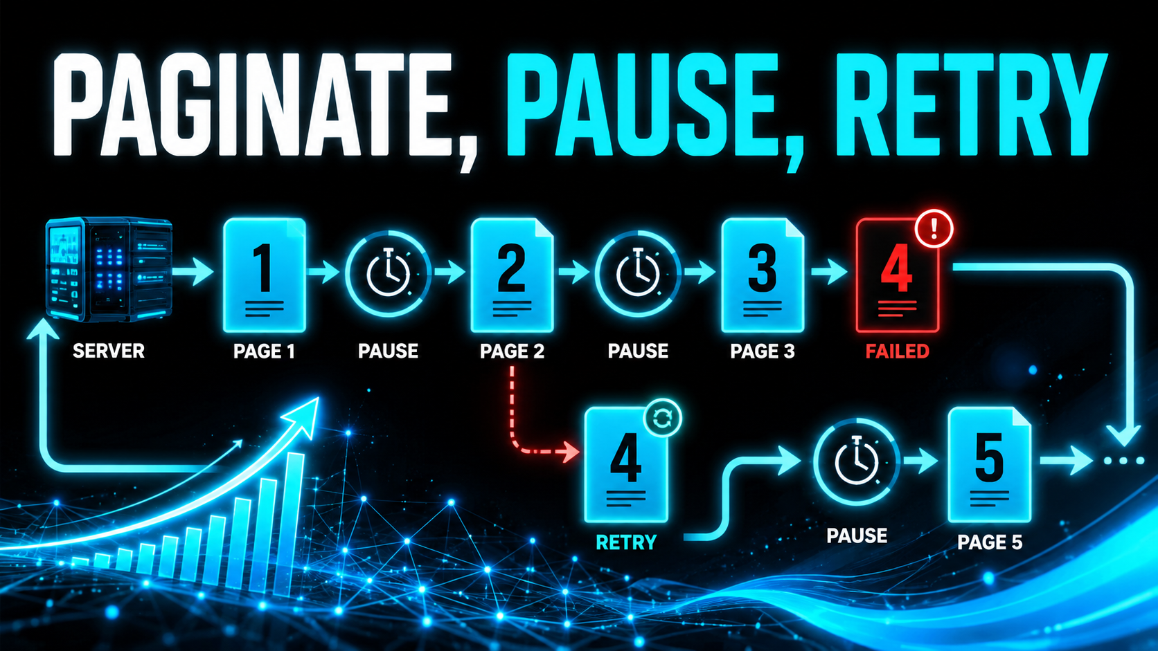 Diagram of a loop pulling numbered pages of data one at a time with a pause timer between pages and one failed page being retried before the loop continues, headline reading Paginate, Pause, Retry