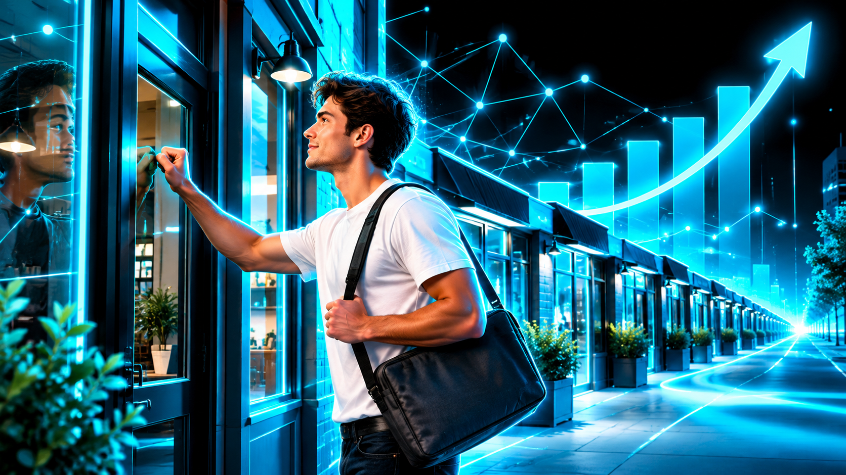 A young founder knocking on the door of a small storefront with a long row of shop doors stretching down the street behind him