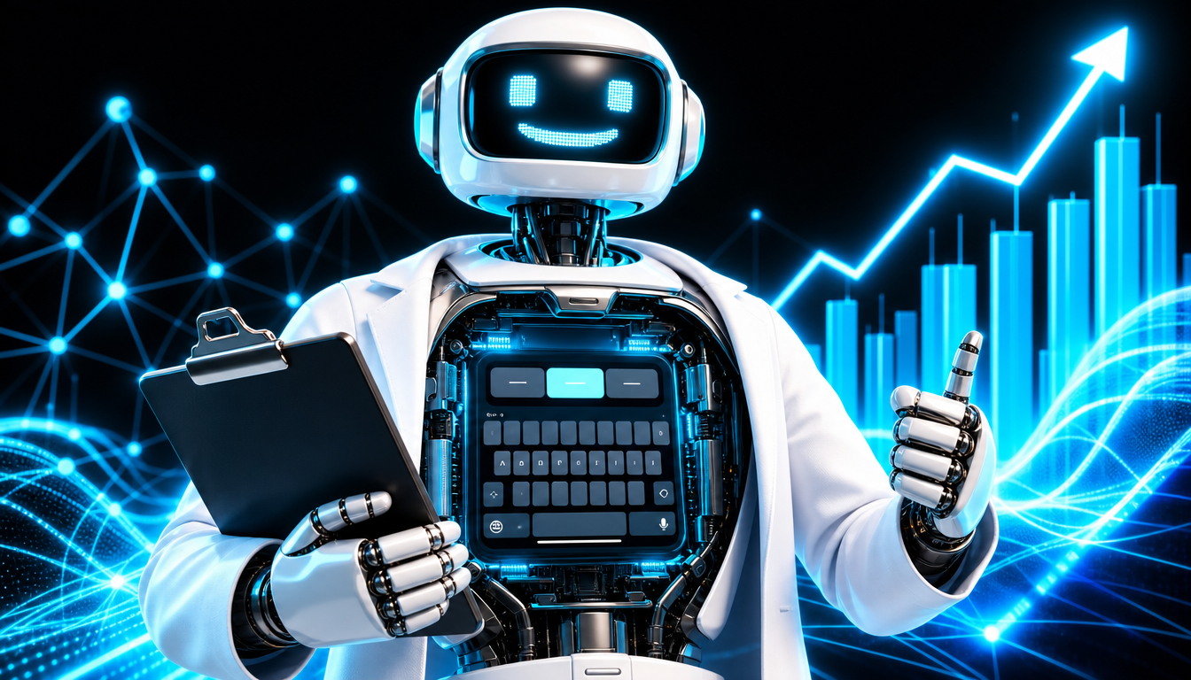 A confident robot in a lab coat holding a clipboard, its chest panel open to reveal just a phone keyboard autocomplete bar suggesting words