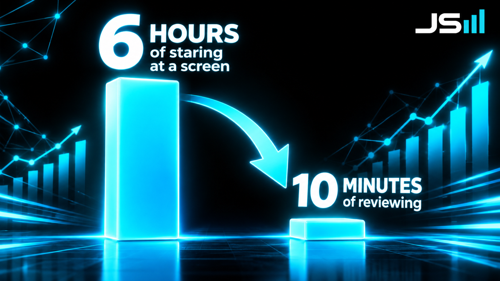 Two bars side by side, a very tall bar labeled six hours of staring at a screen next to a tiny bar labeled ten minutes of reviewing, with a big arrow from tall to tiny