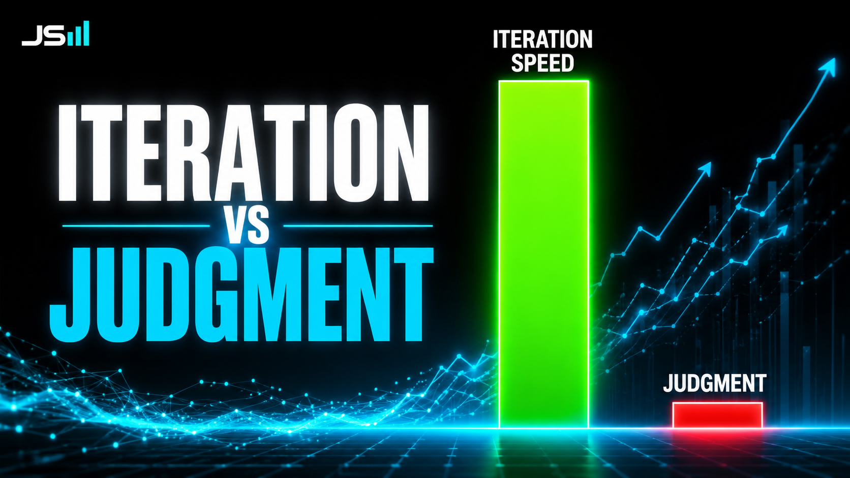 Two-bar chart showing a very tall Iteration Speed bar and a tiny Judgment bar, headline reading Iteration versus Judgment