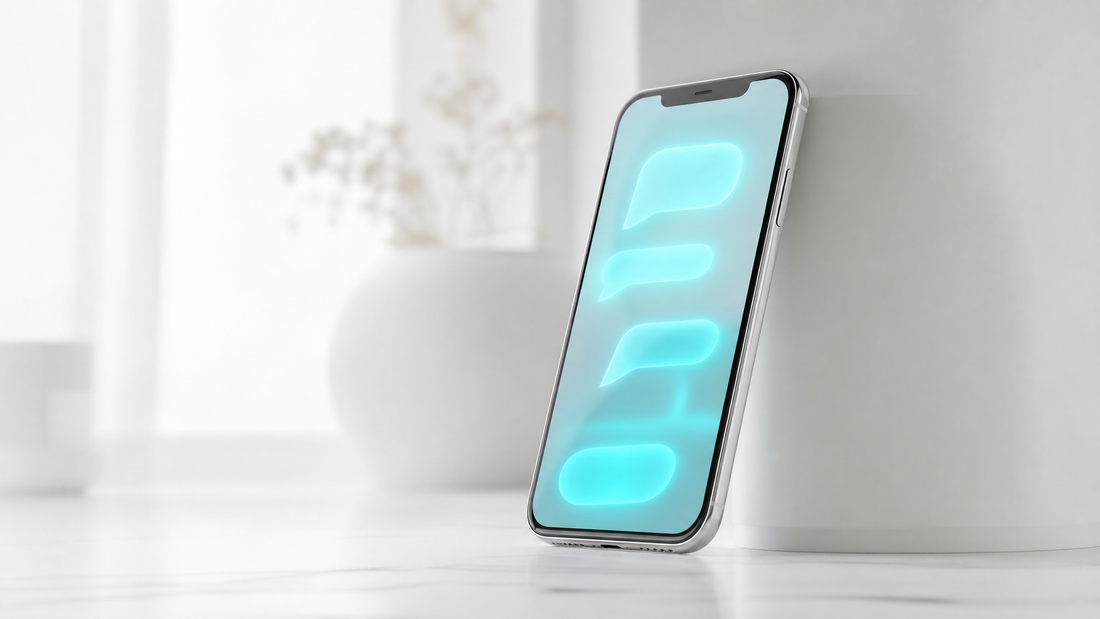 A phone screen with glowing cyan chat bubbles.