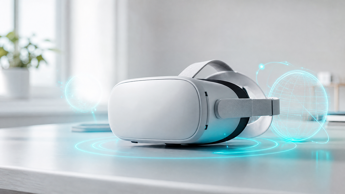 A VR headset on a desk with interactive cyan holograms