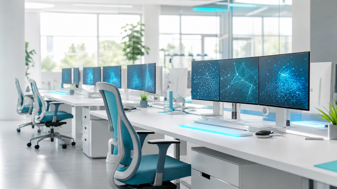 Modern office with multiple screens showing AI code and dashboards.