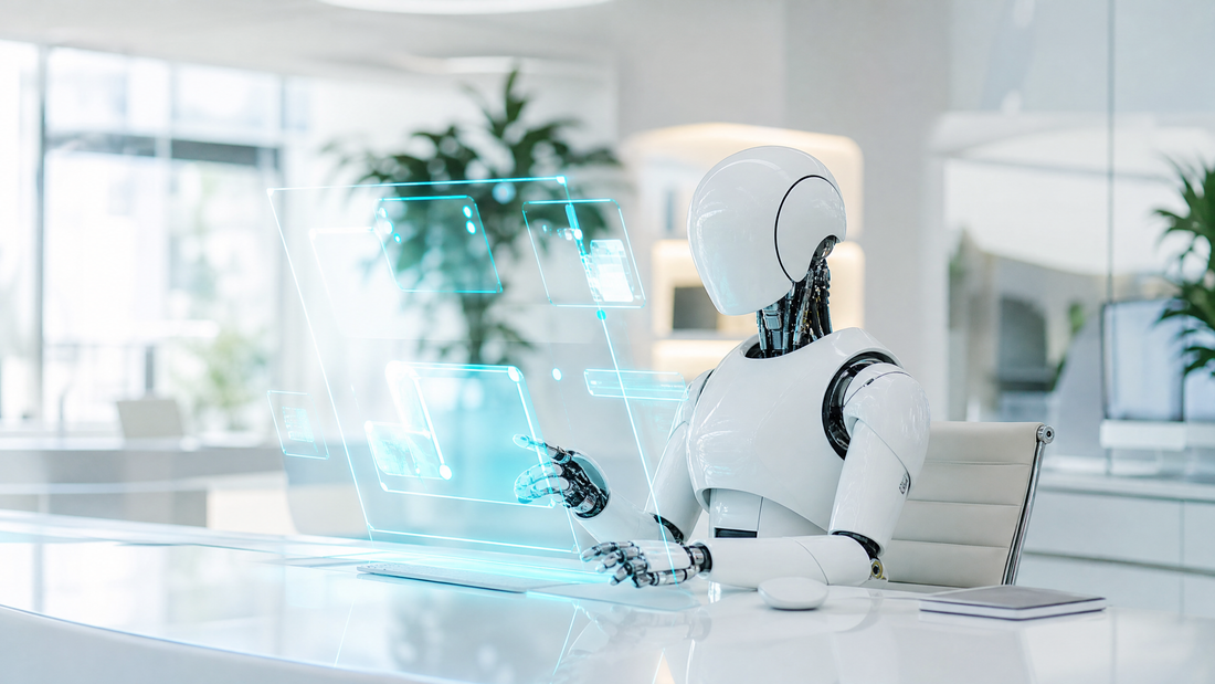 A digital office scene with floating cyan-highlighted interfaces.
