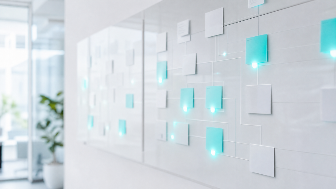 A digital workflow board with AI-powered task highlights in cyan.