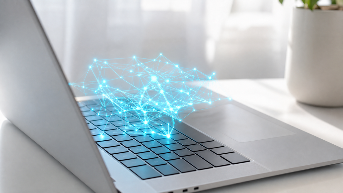 MacBook M4 Max with cyan neural network pattern above the keyboard.