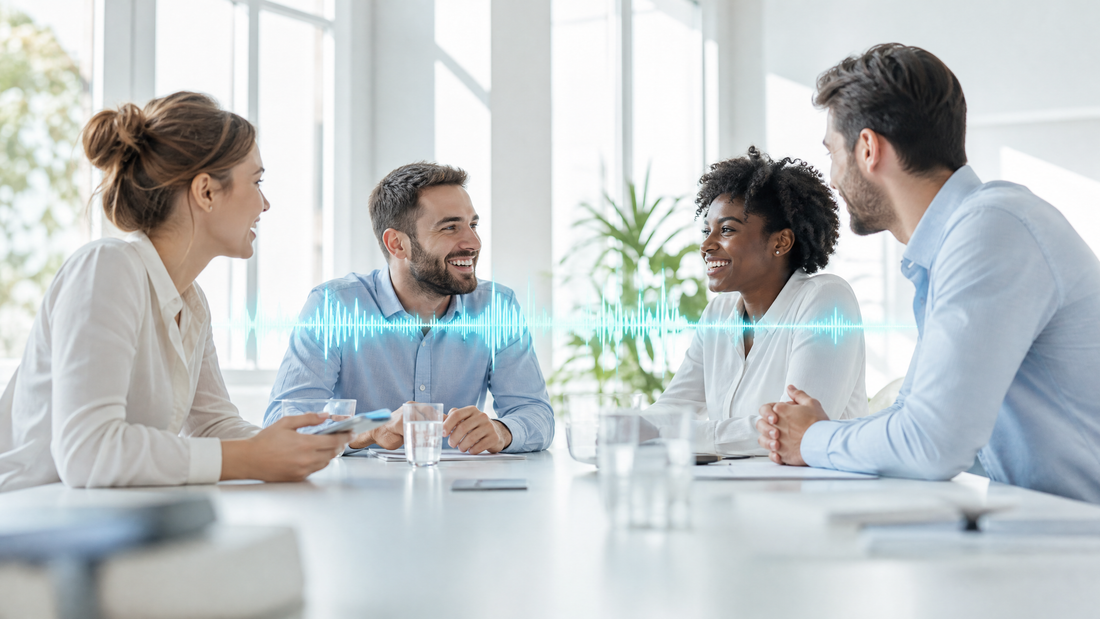 A group at a table with cyan voice waves between them.