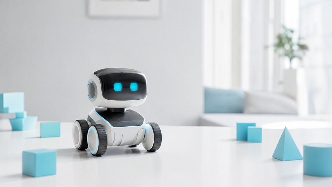 A small robot on a white table with cyan blocks nearby.