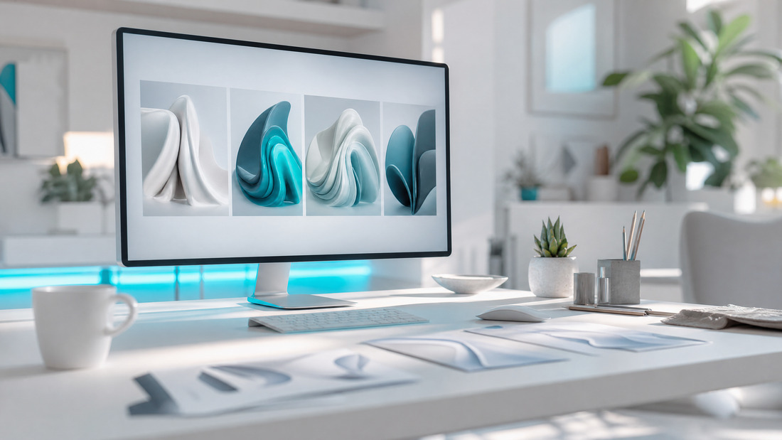 A workspace with a computer showing AI-generated designs.