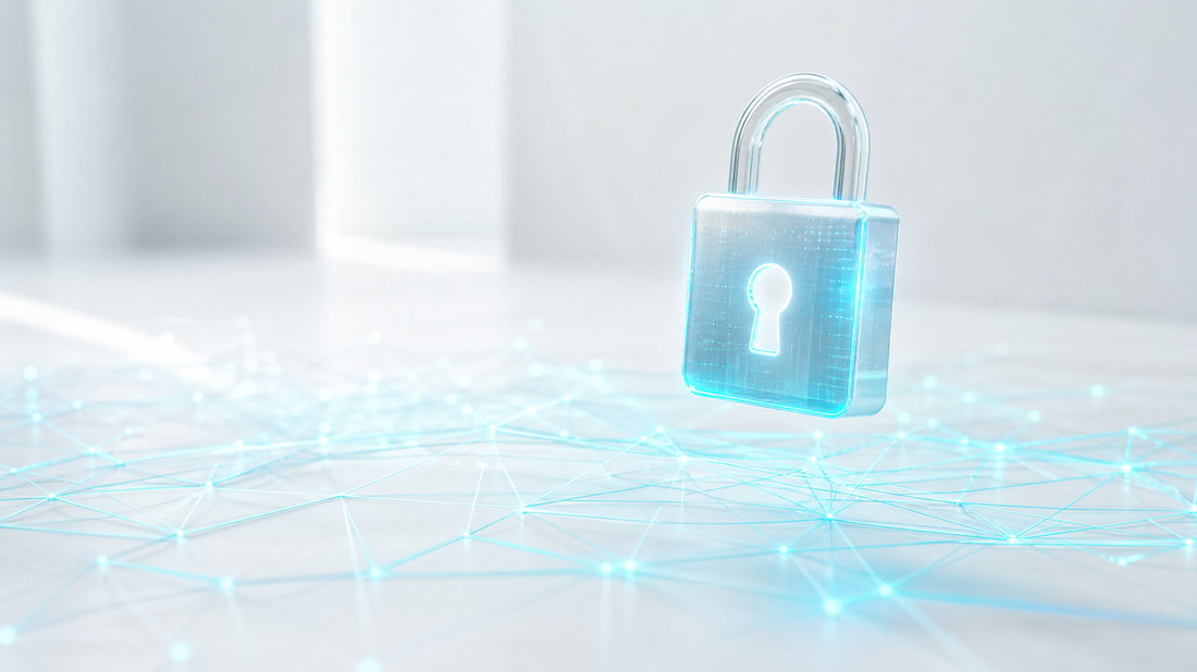 A digital lock over cyan data streams on white.