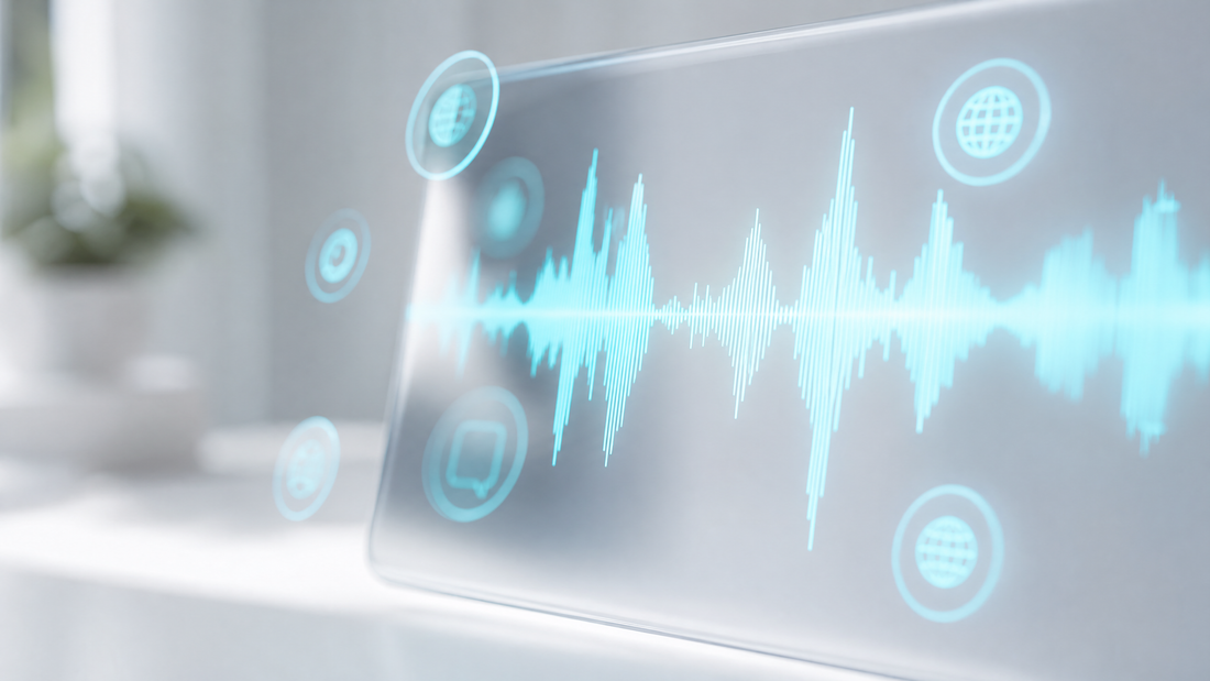 Digital audio waveform with cyan overlay and language icons on a screen.