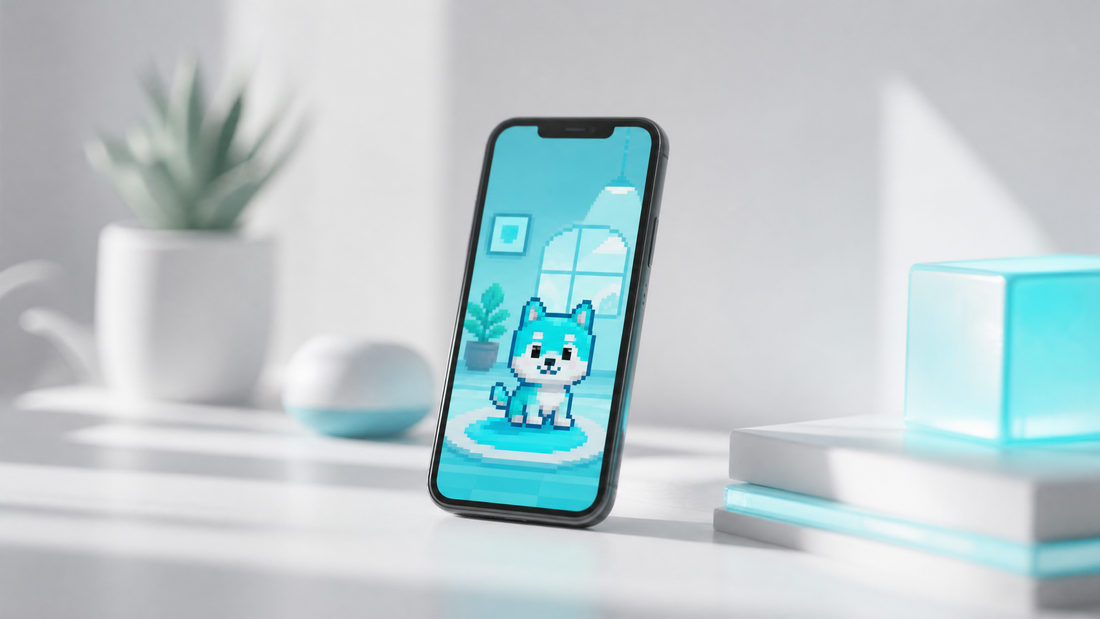 Smartphone with a cheerful 16-bit pet in a bright room.