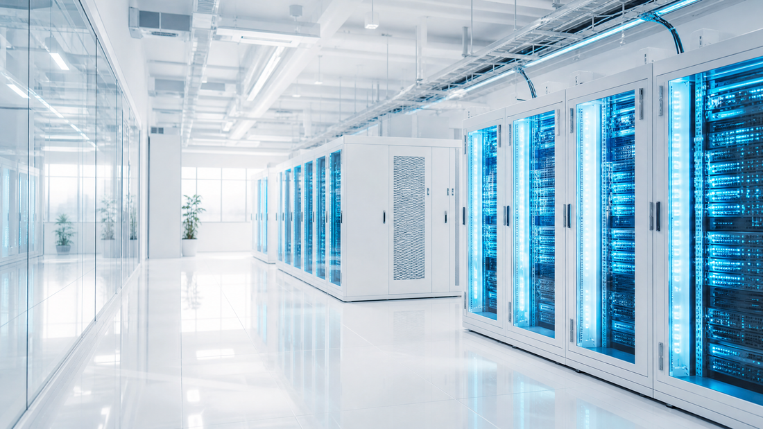 A bright, large-scale server cluster with cyan lighting.