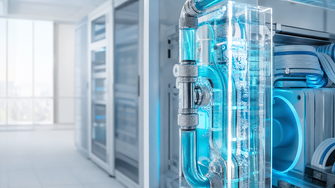 Water cooling system with cyan-lit tubes inside a data center.