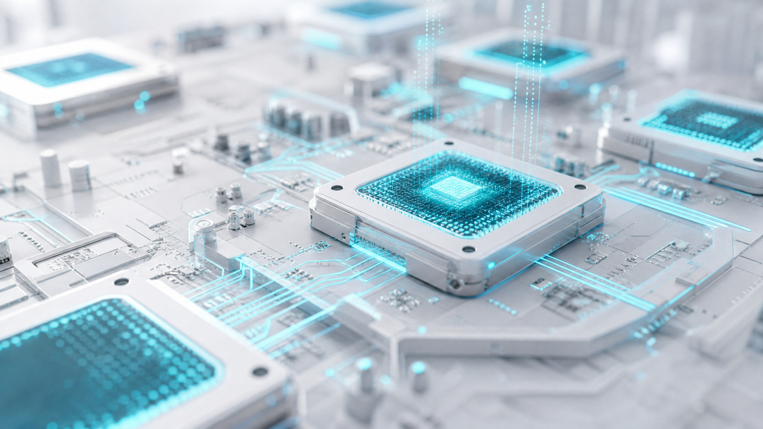 Detailed close-up of AI chips with cyan circuits being tracked.