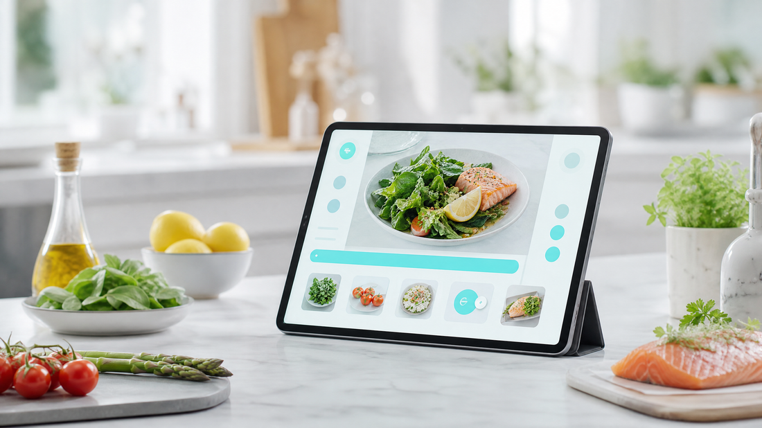 A digital tablet on a kitchen counter displaying a recipe with a cyan interface.