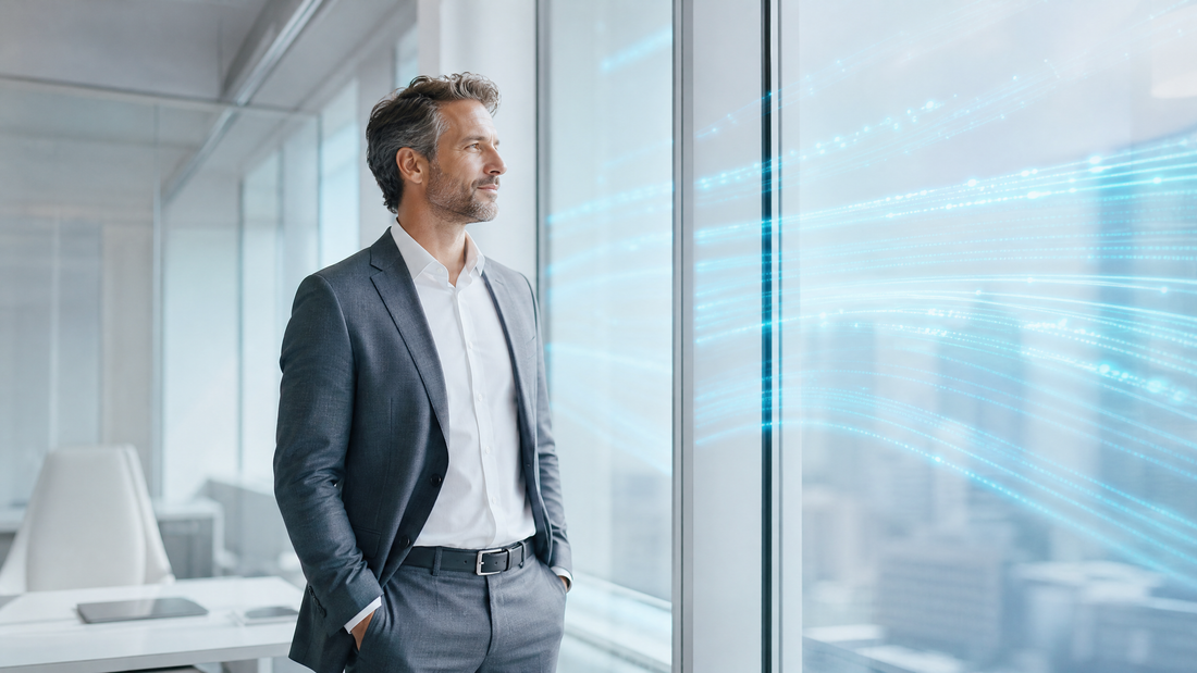 A business leader in a glass office, with AI data streams in cyan outside the window.
