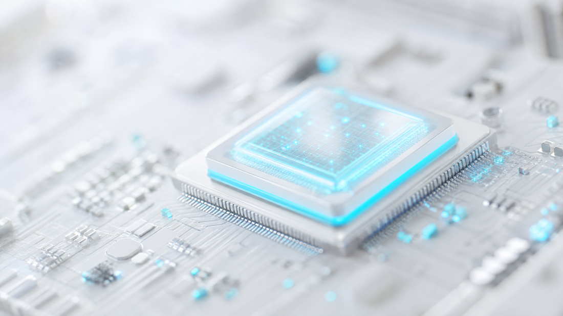 Close-up of a glowing AI chip on a circuit board, cyan highlights