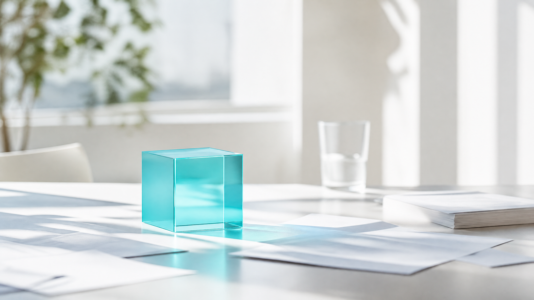Translucent cyan cube on a desk with white papers in a sunlit room.