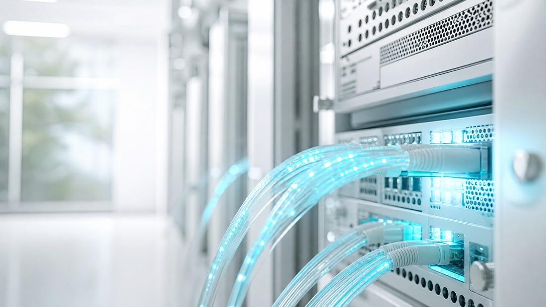 A close-up of glowing fiber optic cables connecting cloud servers, with a cyan glow