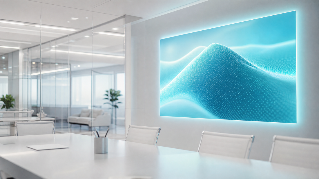 A modern office with a glowing cyan screen displaying an AI-generated ad.