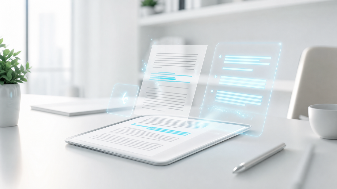 Desktop with digital contract and AI assistant suggestions, cyan highlights.