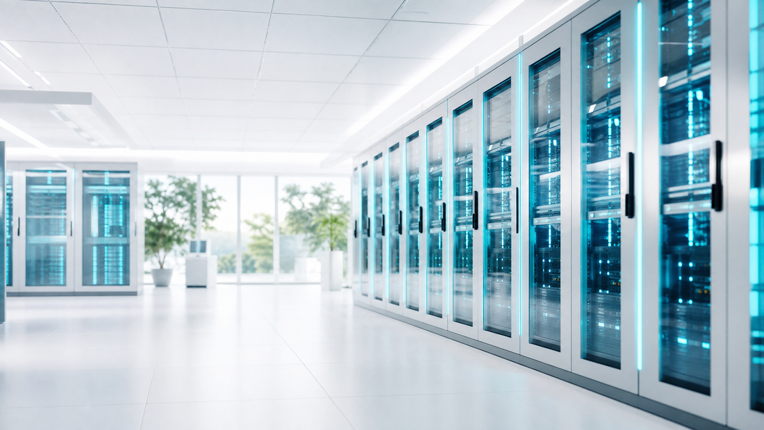 Bright, airy server racks lit with cyan accents in a data centre.