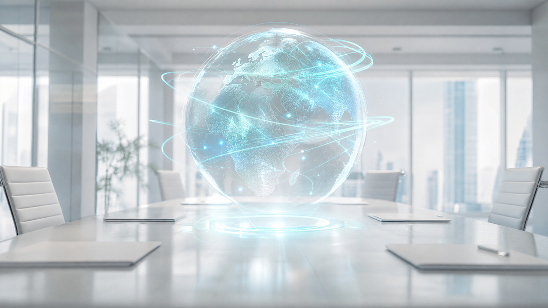 Digital globe with cyan data lines in a modern office setting.