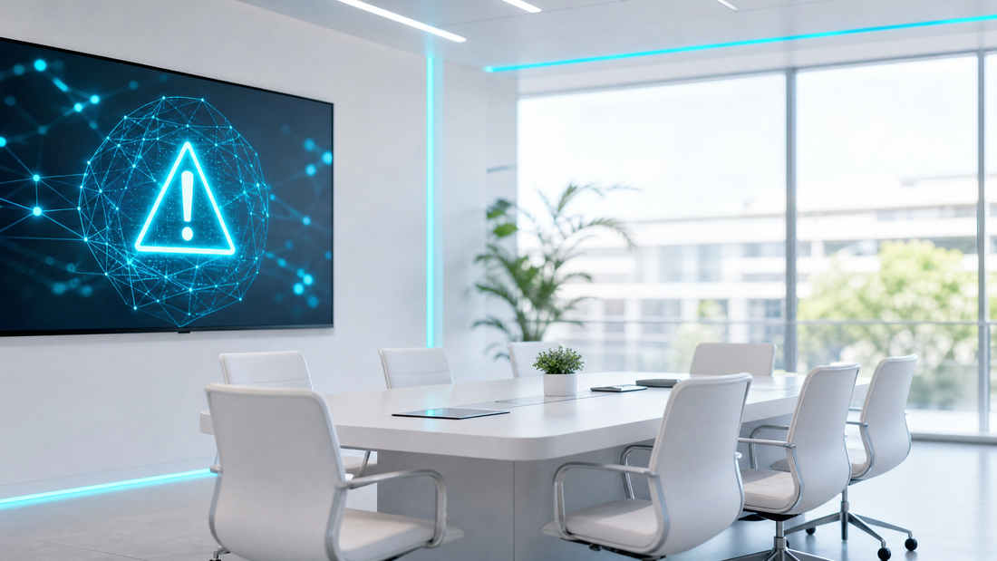 Business meeting room with digital screens displaying AI risk alerts