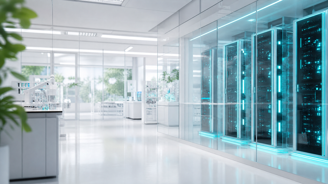 A futuristic laboratory with cyan-lit AI servers and glass partitions.