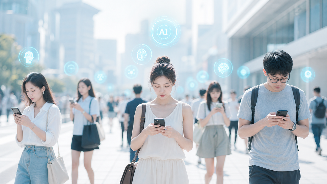 A busy urban street in China with people using smartphones and AI icons above.