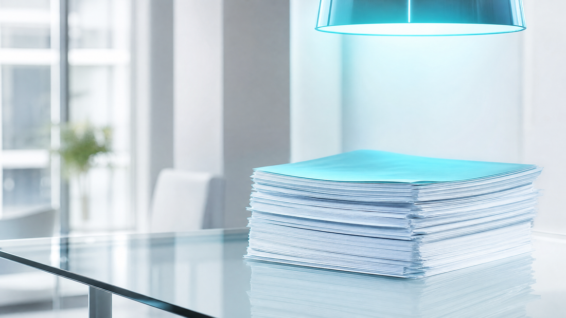 Thick legal documents stacked on a glass table with cyan lighting.