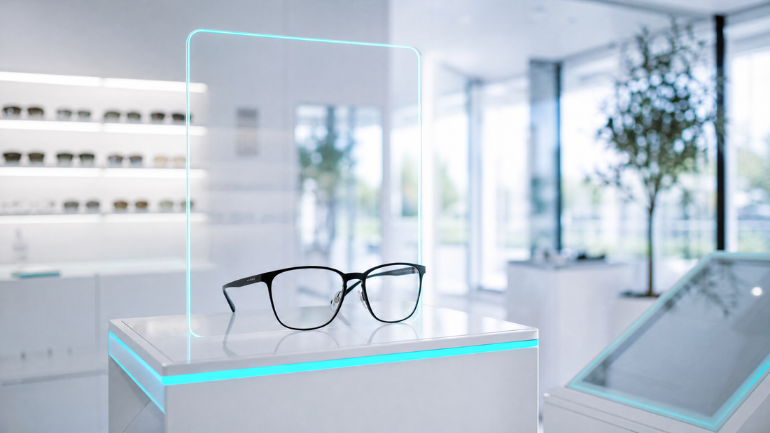 High-tech eyewear retail display with digital and cyan elements.