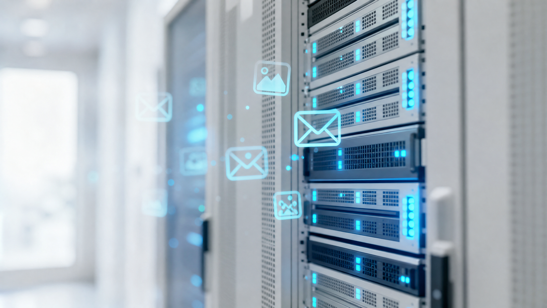 Server rack with cyan lights, mail and photo icons floating nearby.