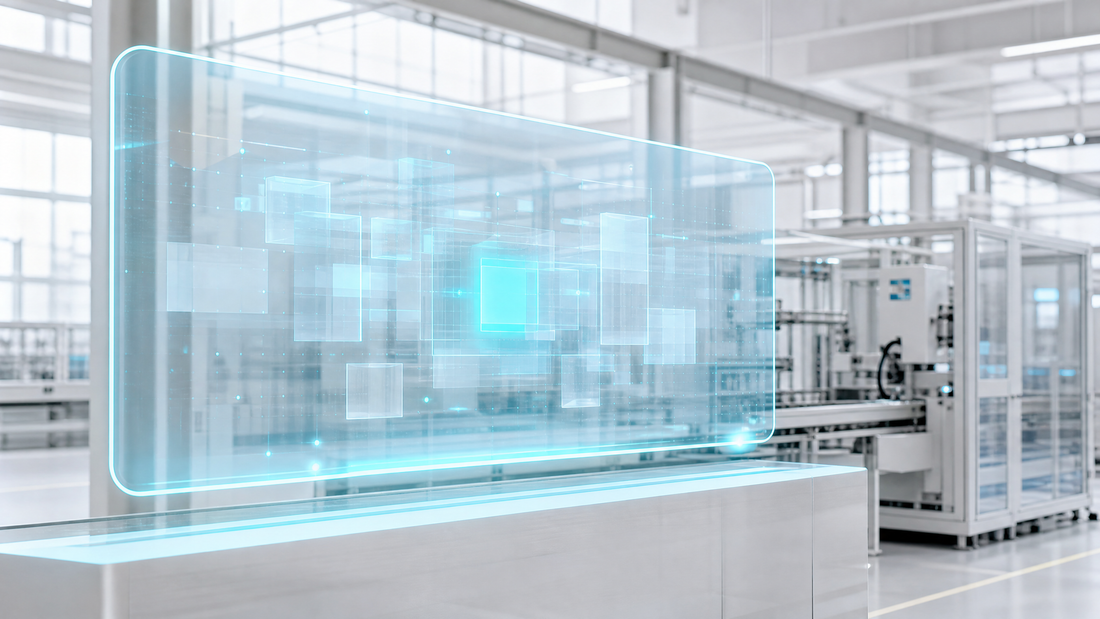 Digital knowledge base interface on transparent screen with cyan accents