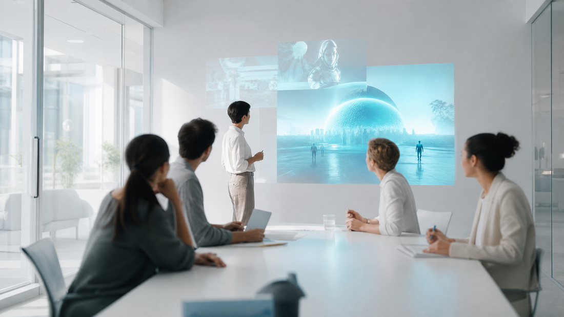 A creative team in a glass-walled conference room discussing an ad campaign with AI visuals.