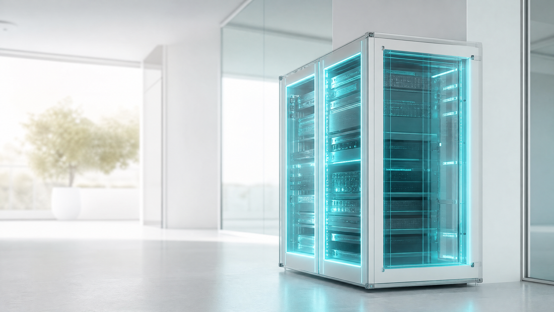 A glass server rack with cyan lights in a dark room.