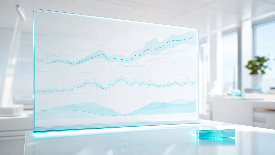 A digital dashboard showing line graphs and forecast bands with cyan accents.
