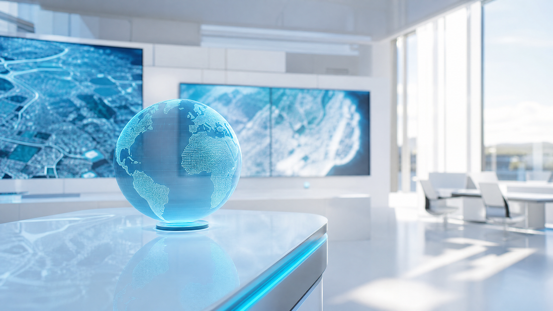 Bright laboratory with digital globe, AI screens, and satellite image overlays.