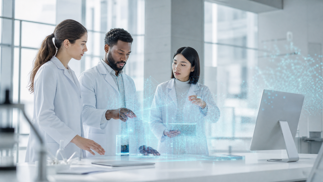 Researchers collaborating in a modern lab with digital displays.