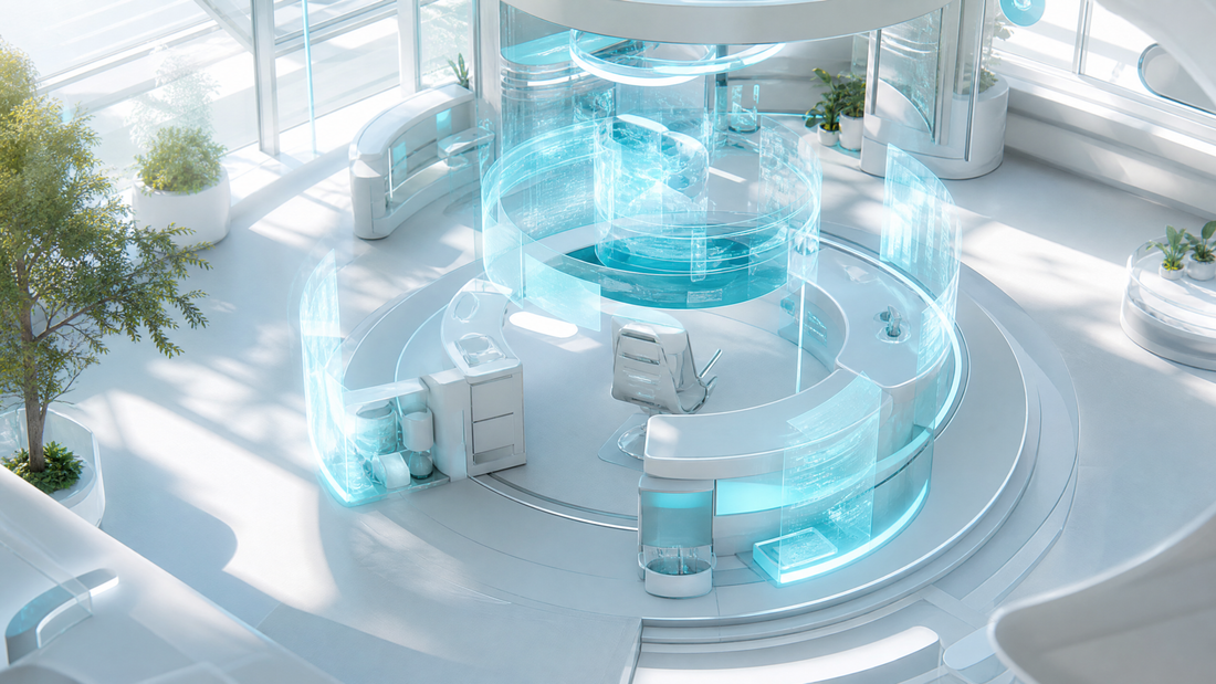 A digital command center with holographic displays and cyan accents