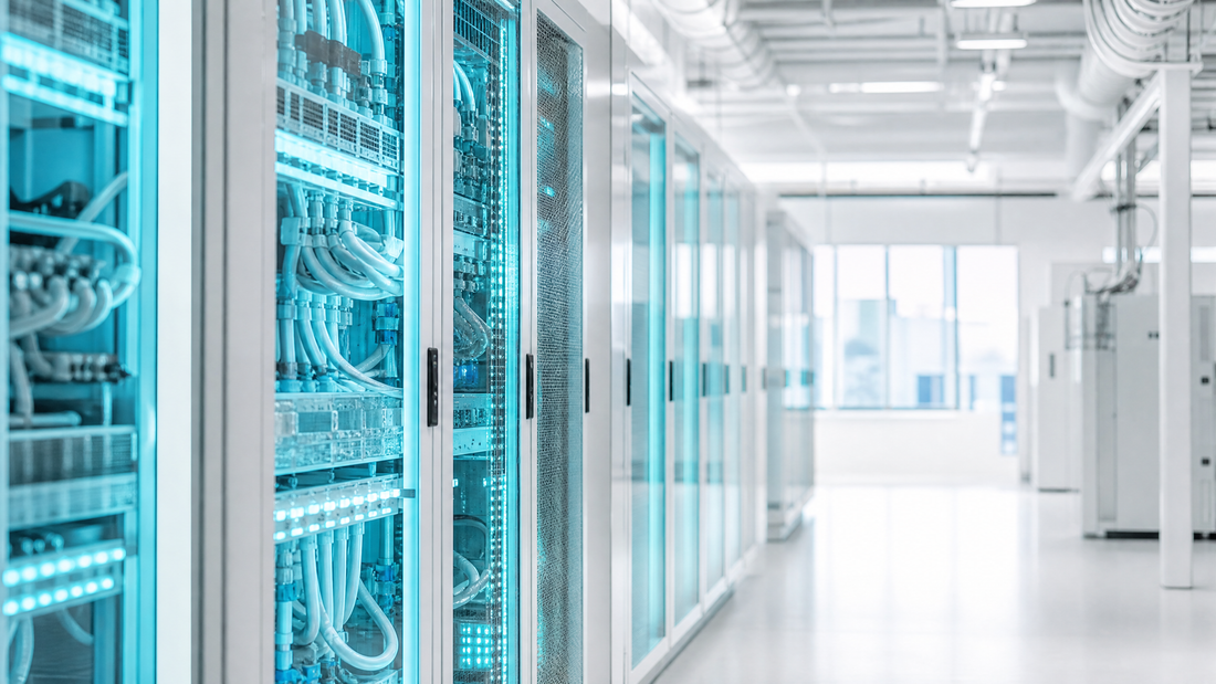 Rows of AI server racks in a bright data center with cyan lighting
