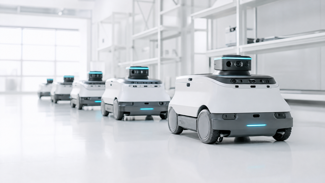 AI ground robots lined up in a bright testing facility.