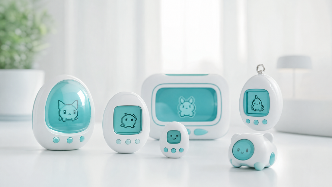 Retro-style virtual pets on digital screens with cyan accents.